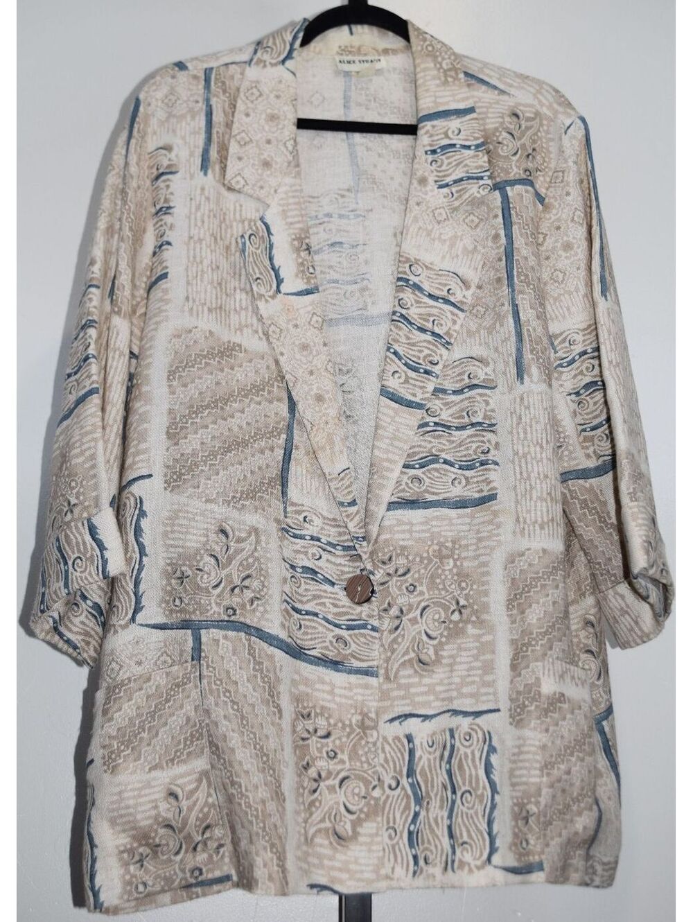 Alice Stuart Vintage 90s Patchwork Print Single Button Blazer Linen Blend